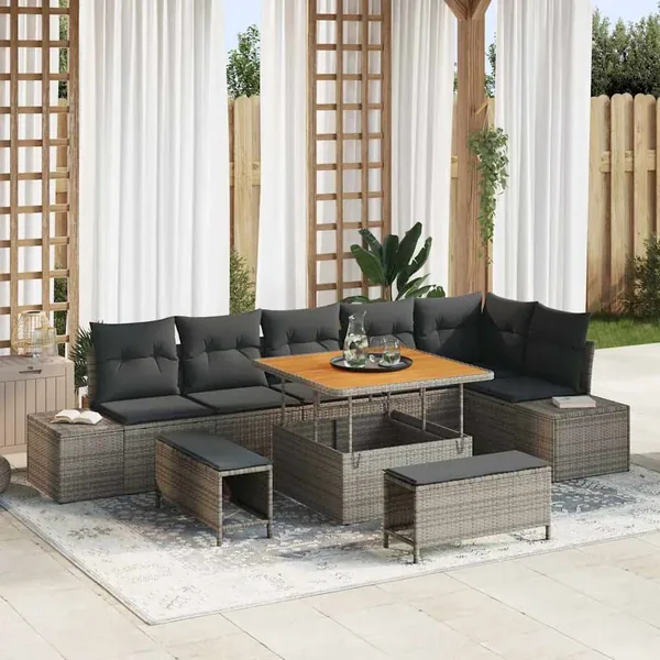 Ensemble de canapé de jardin avec coussin 9 pcs Gris polyrotin