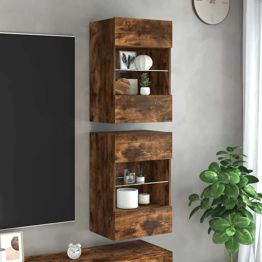Meubles muraux avec lumières LED pour TV 2pcs chêne fumé 40x30x60,5 cm
