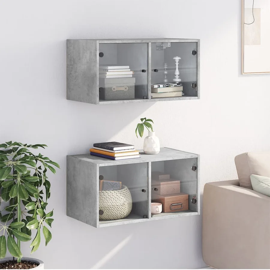 Armoires murales et portes vitrées 2pcs gris béton 68,5x37x35cm - 3