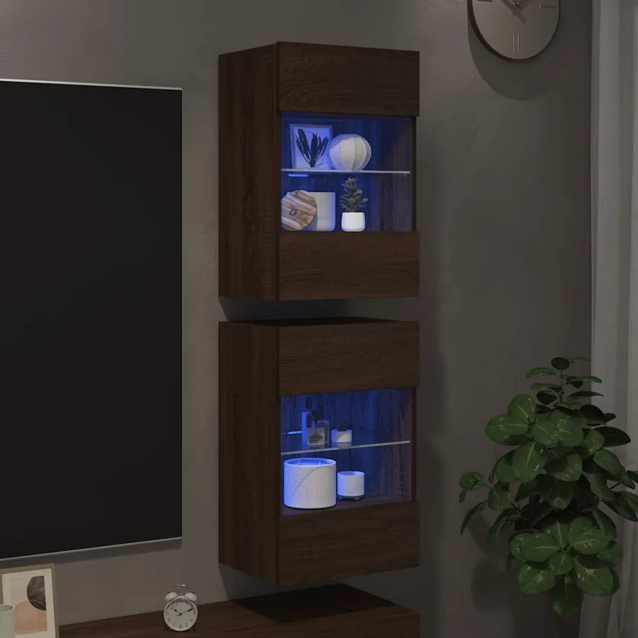 Meubles muraux avec lumières LED pour TV 2 pcs chêne marron 40x30x60,5 cm - 3