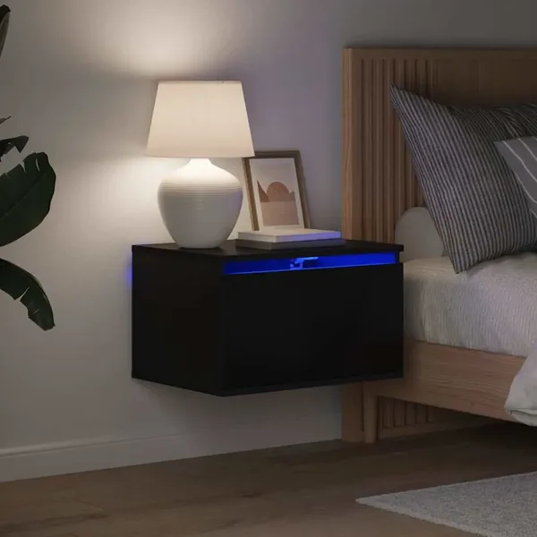 Tables de chevet murales avec lumières LED 2 pcs noir