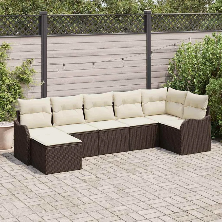 Ensemble de canapé de jardin 7 pcs Marron et blanc Poly rotin