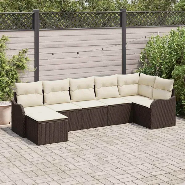Ensemble de canapé de jardin 7 pcs Marron et blanc Poly rotin