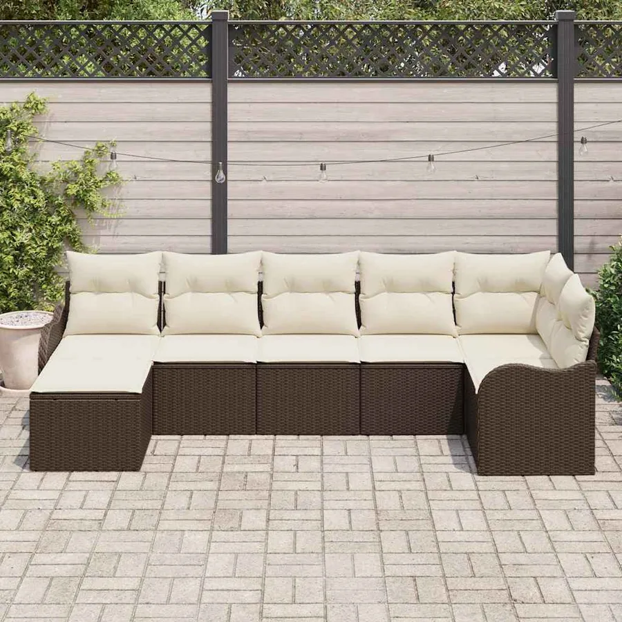 Ensemble de canapé de jardin 7 pcs Marron et blanc Poly rotin - 3