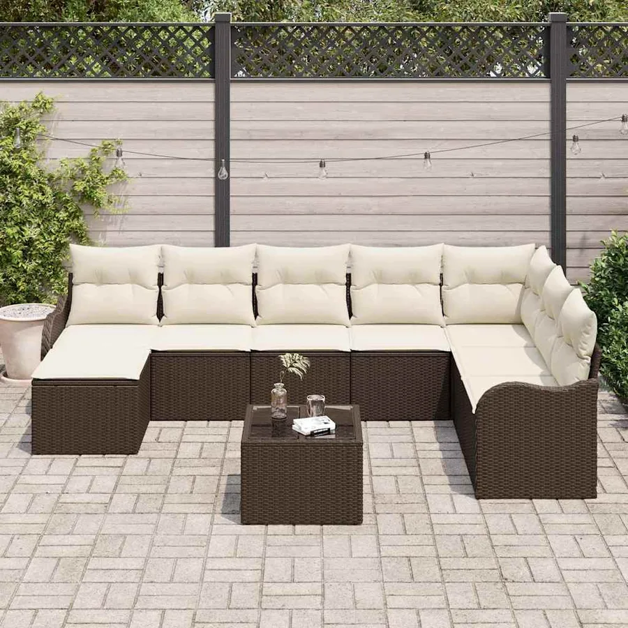 Ensemble de canapé de jardin 9 pcs Marron et blanc Poly rotin - 3