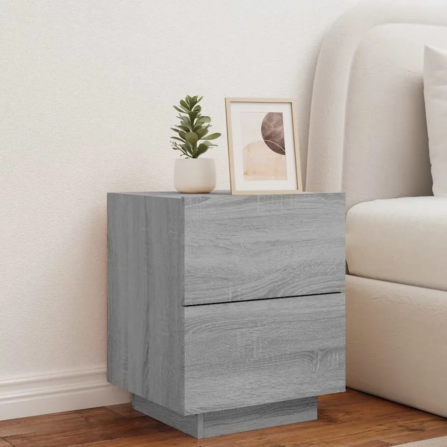 Armoire de chevet et lumières LED sonoma gris bois d'ingénierie - 4