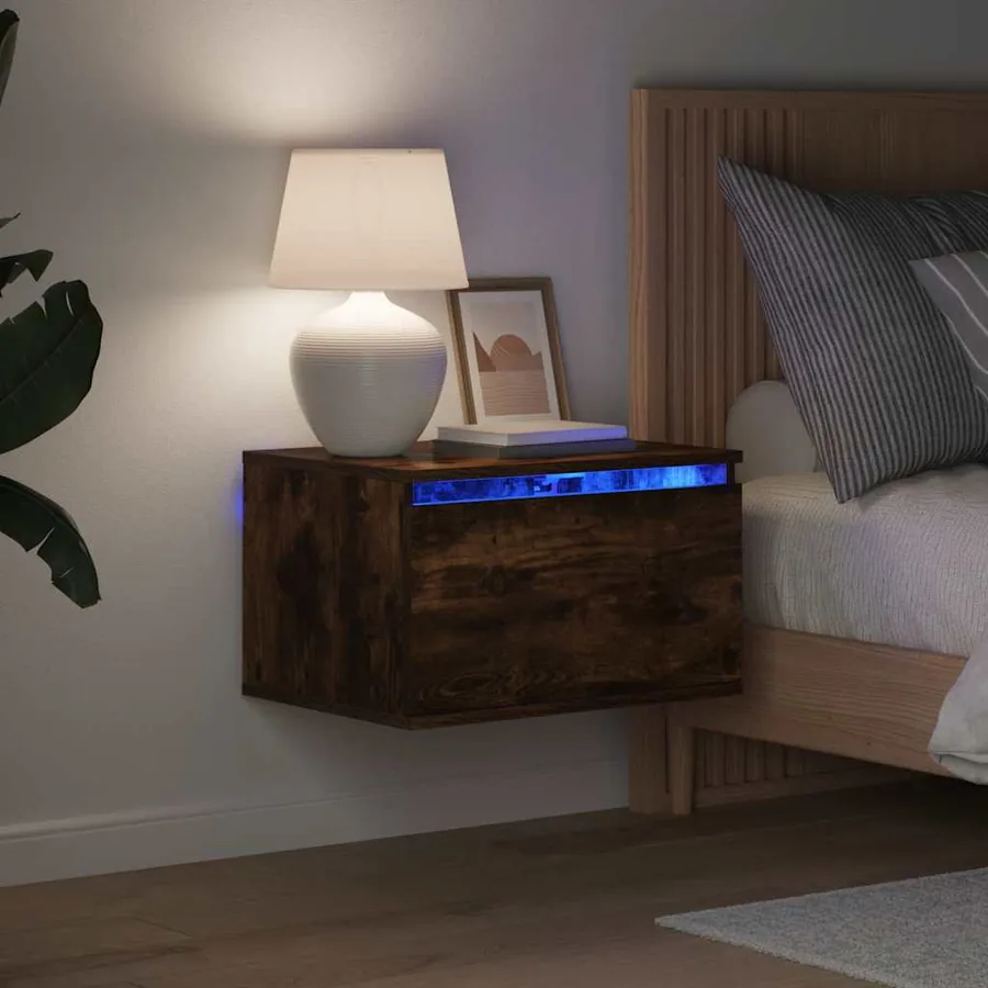 Table de chevet murale avec lumières LED chêne fumé