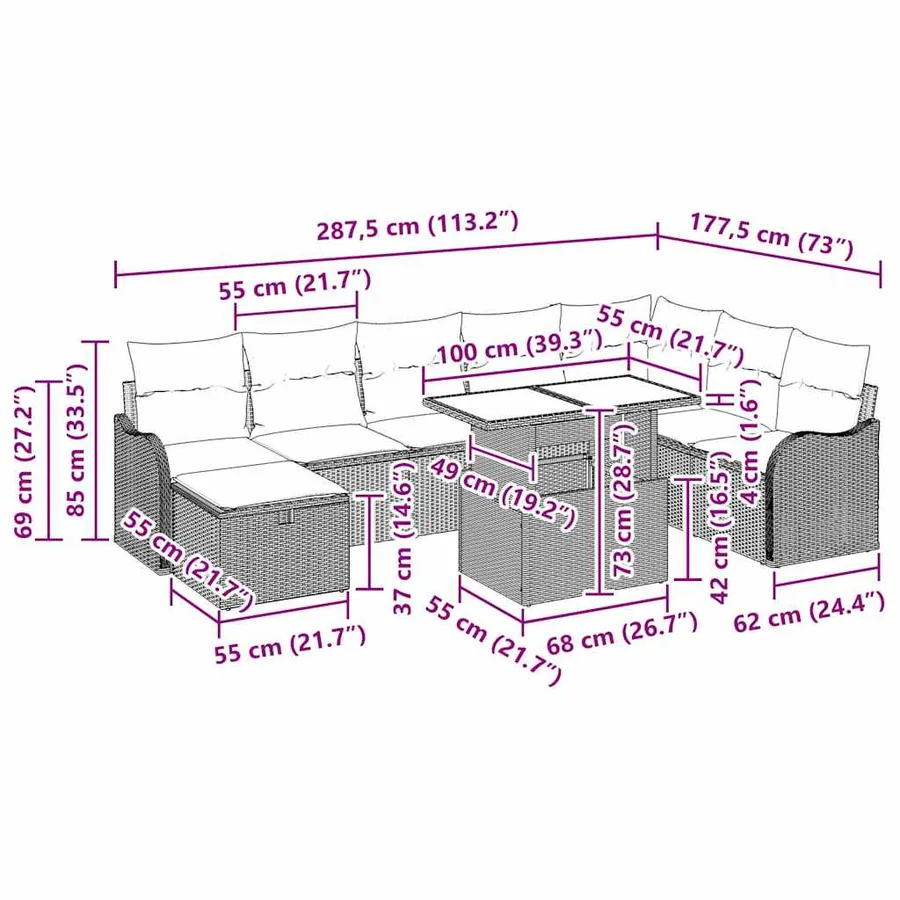Ensemble de canapé de jardin avec coussin 9 pcs Gris Poly rotin - 13
