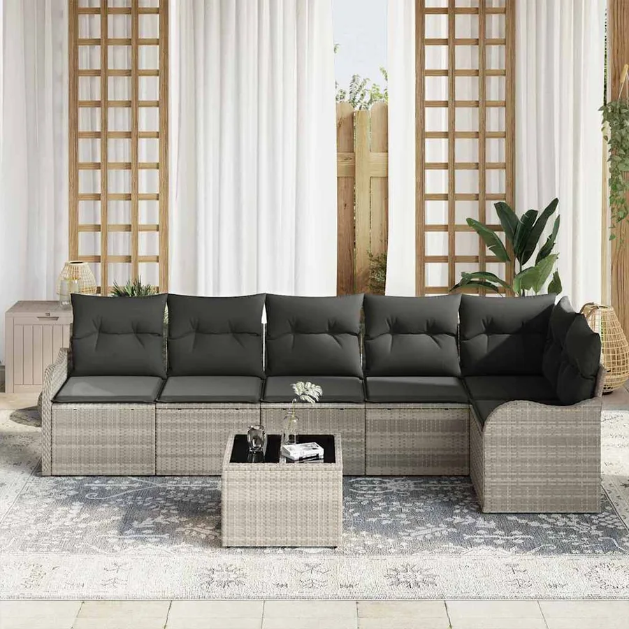 Ensemble de canapé de jardin avec coussin 7 pcs Gris Poly rotin - 3