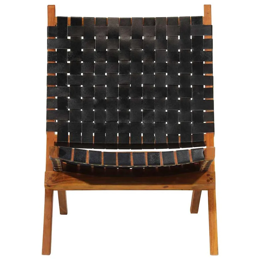 Chaise de relaxation pliable noir cuir véritable - 2