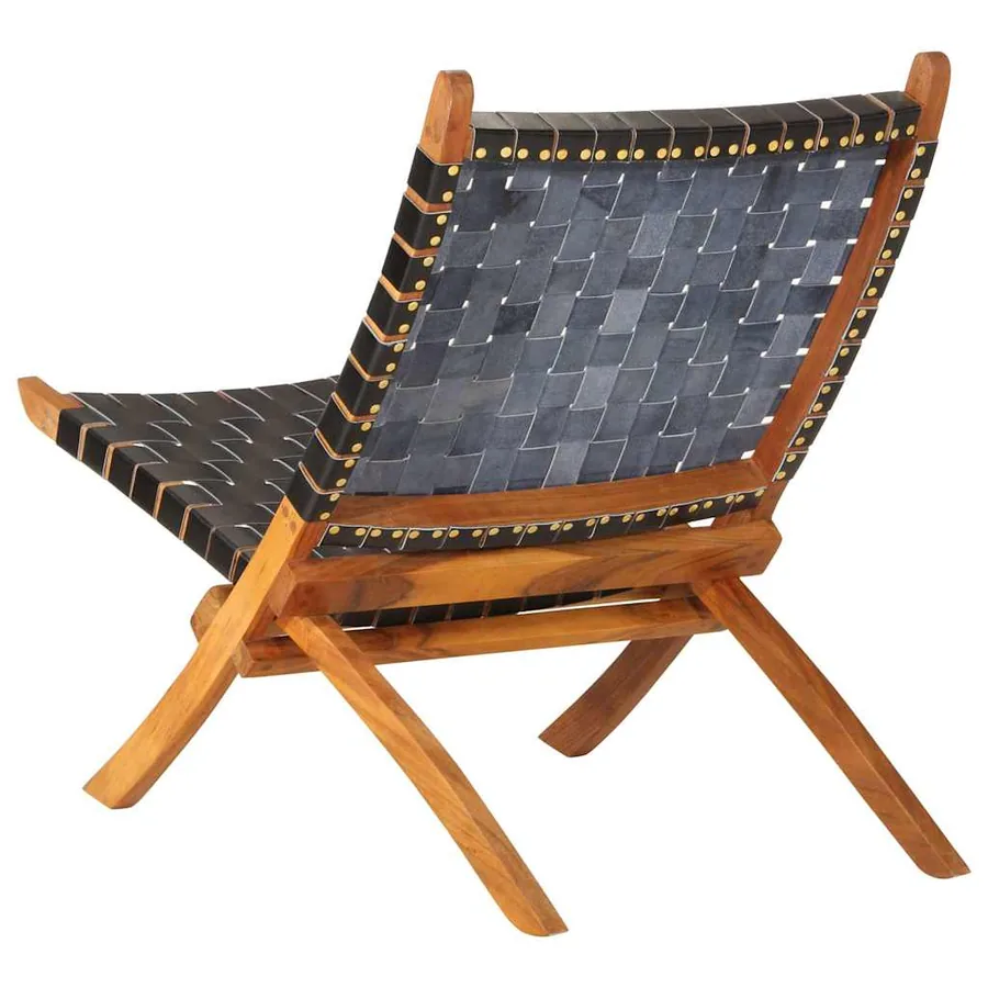 Chaise de relaxation pliable noir cuir véritable - 4