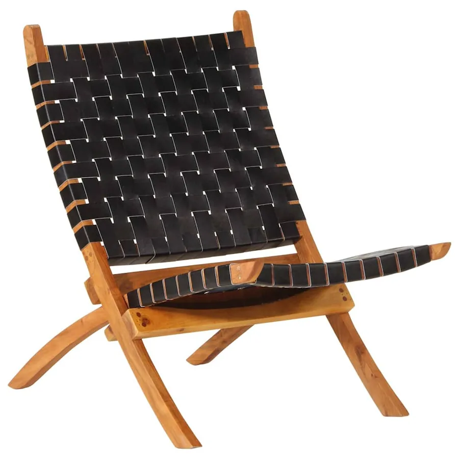 Chaise de relaxation pliable noir cuir véritable - 9