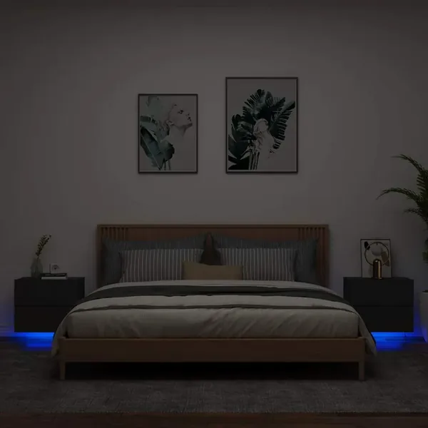Tables de chevet murales avec lumières LED 2 pcs noir
