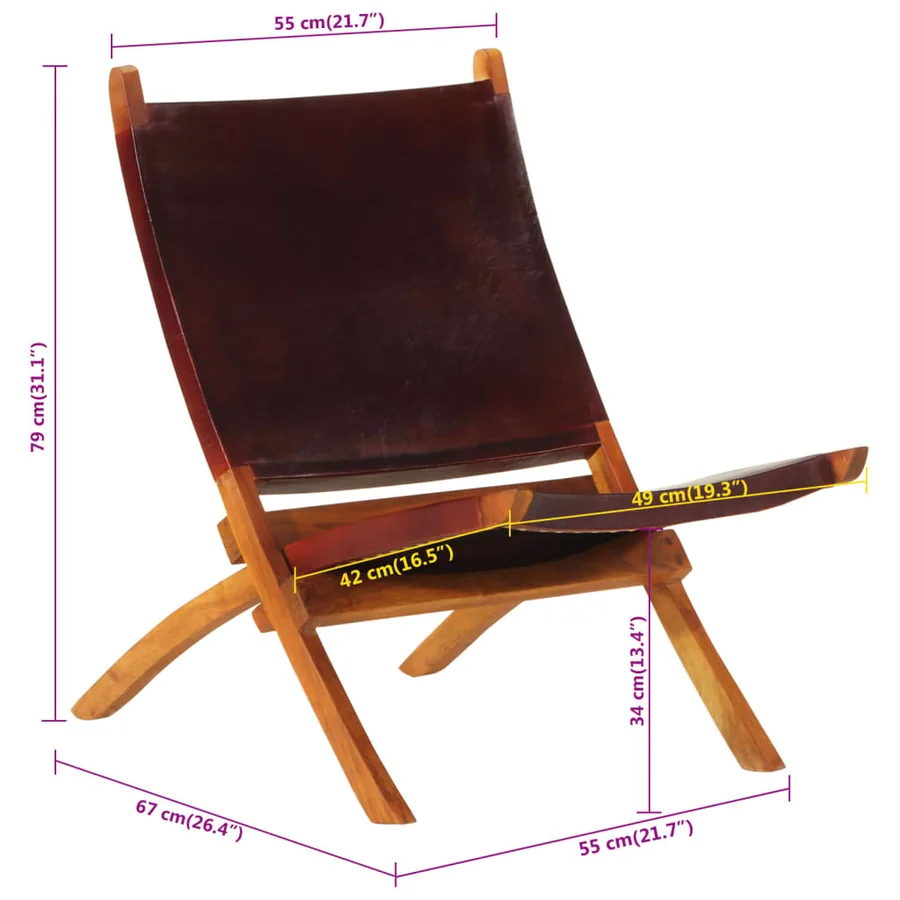 Chaise de relaxation pliable cuir véritable marron foncé - 9