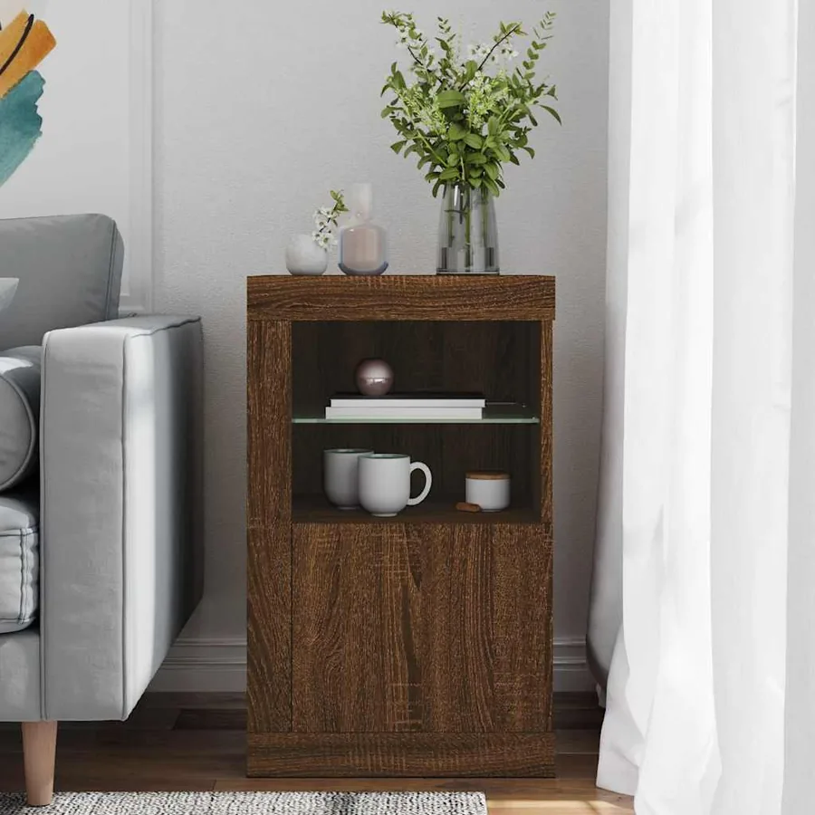 Armoire latérale avec lumières LED chêne marron bois ingénierie - 3