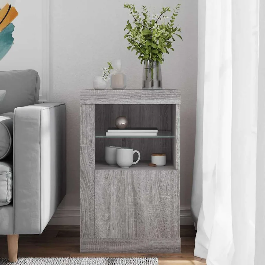 Armoire latérale et lumières LED sonoma gris bois d'ingénierie - 3