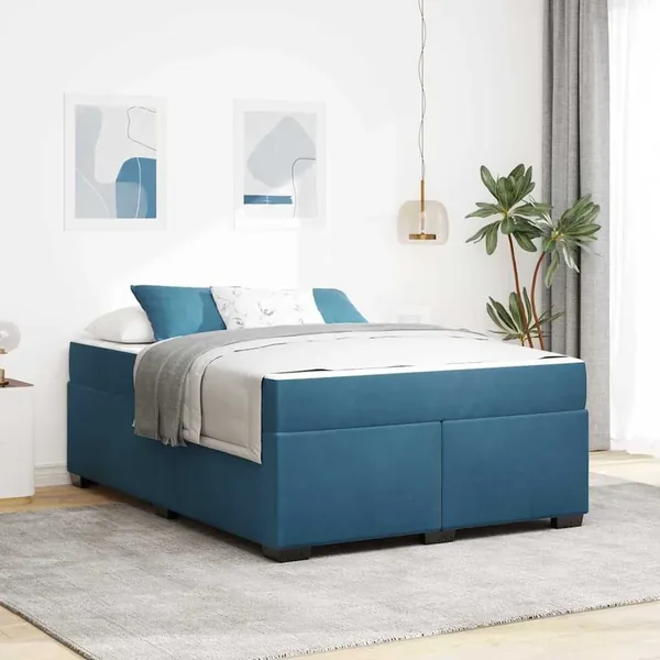 Cadre de lit avec matelas Bleu foncé 140 x 200 cm tissu