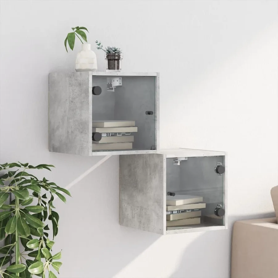 Tables de chevet et portes vitrées 2 pcs gris béton 35x37x35 cm - 3
