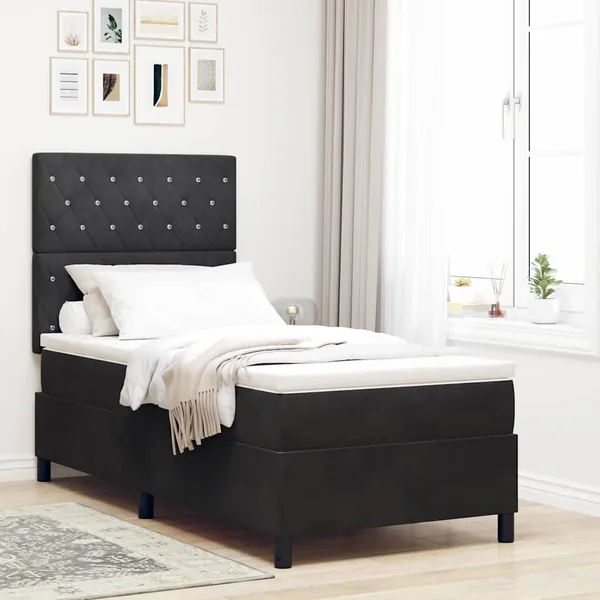 Lit à ressorts avec matelas Noir 100 x 200 cm Velours