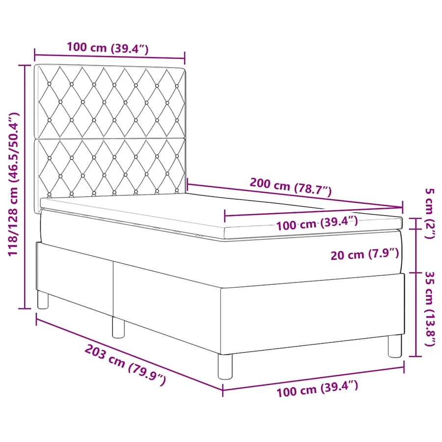 Lit à ressorts avec matelas Noir 100 x 200 cm Velours - 12