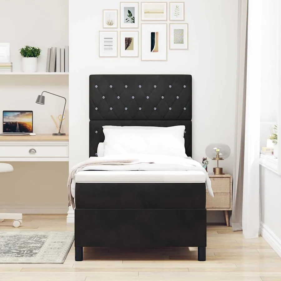 Lit à ressorts avec matelas Noir 100 x 200 cm Velours - 3