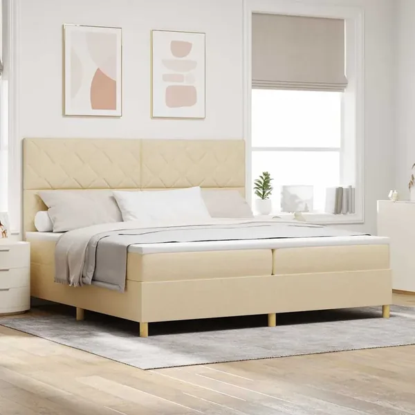 Lit à ressort LED avec tête de lit Crème 200 x 200 cm tissu