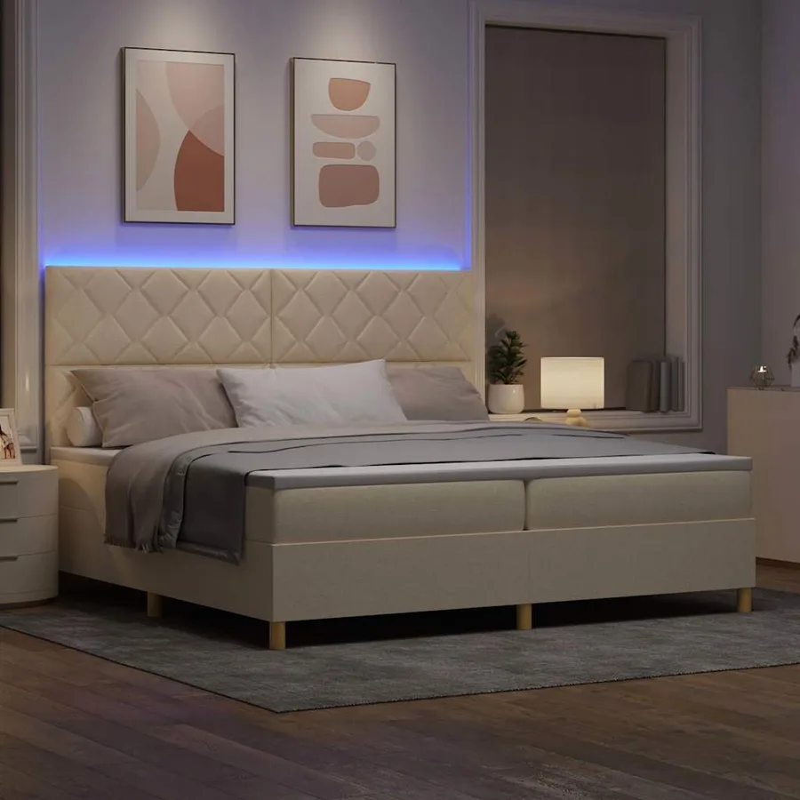 Lit à ressort LED avec tête de lit Crème 200 x 200 cm tissu - 5