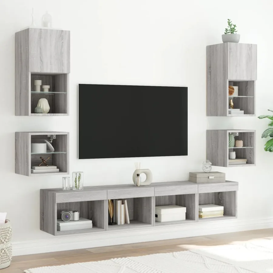 Meubles TV muraux et lumières LED 2pcs sonoma gris 30x28,5x30cm - 4