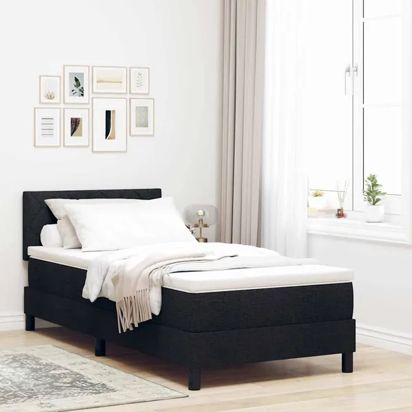Lit à ressorts avec coussin Noir 90 x 190 cm tissu