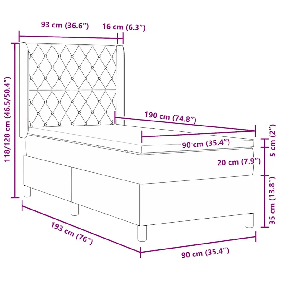 Lit à ressorts avec matelas avec LED Rose 90 x 190 cm Velours - 14