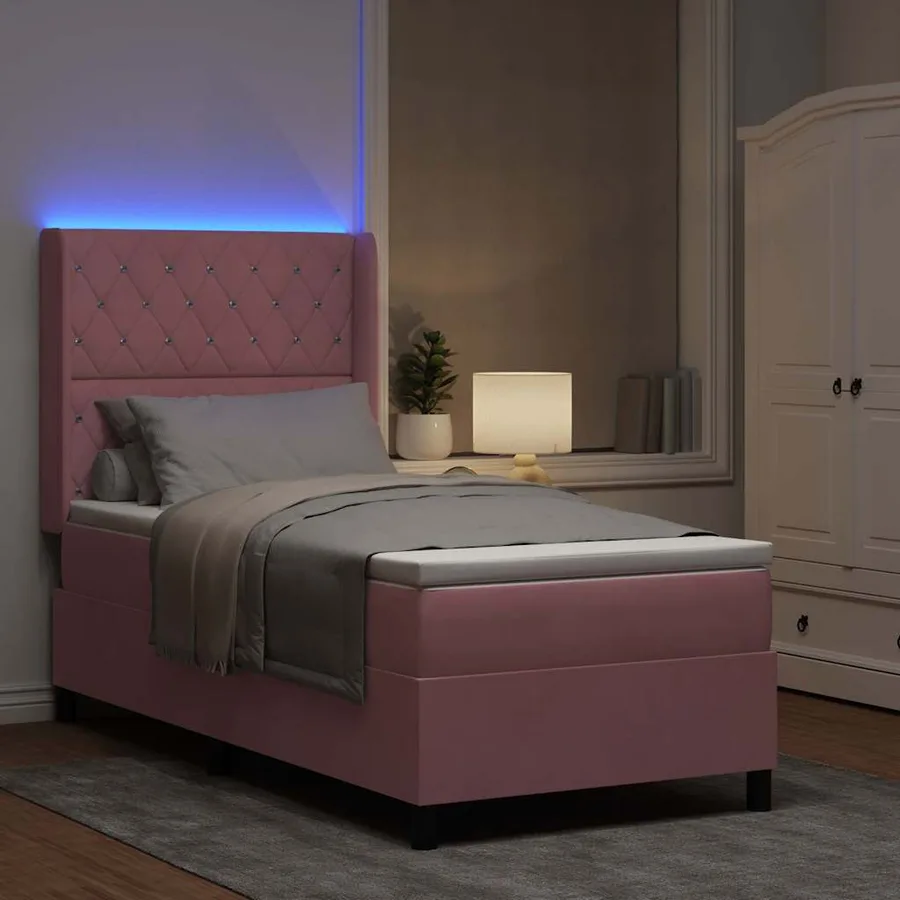 Lit à ressorts avec matelas avec LED Rose 90 x 190 cm Velours - 5