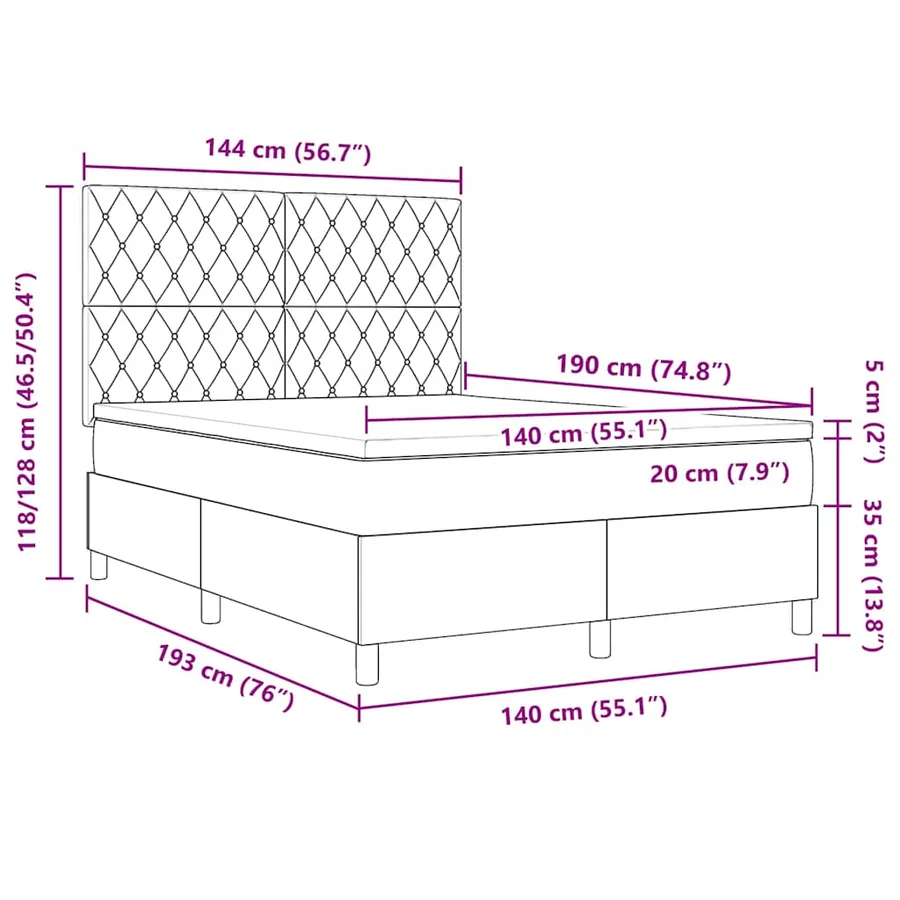 Lit à ressort LED avec matelas Gris clair 140 x 190 cm Velours - 14