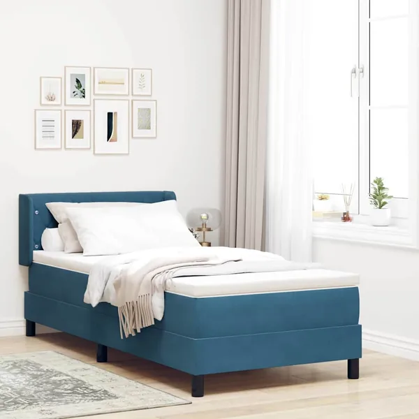 Lit à ressorts avec tête de lit Bleu foncé 200 x 90 cm Velours