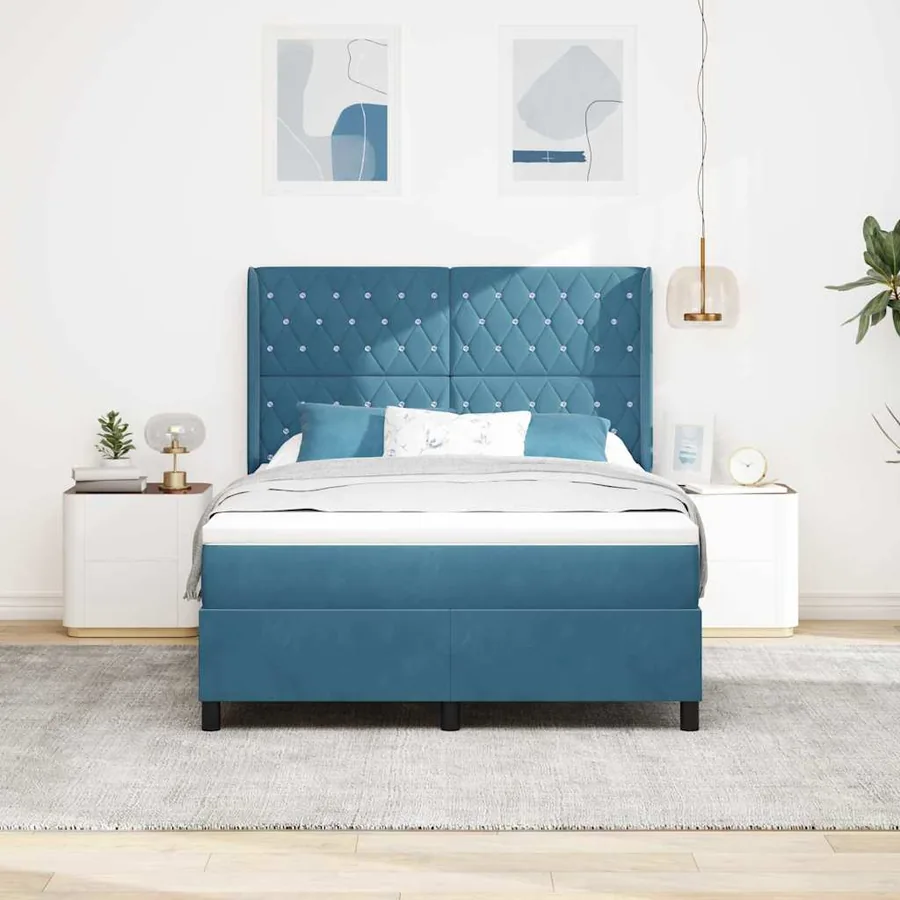 Lit à ressorts avec matelas Bleu 140 x 200 cm Velours - 3
