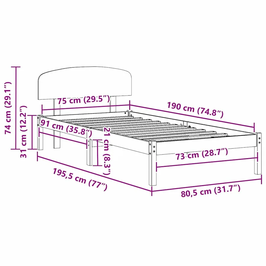 Cadre de lit avec tête de lit Brun cire 75 x 190 cm Pin massif - 10