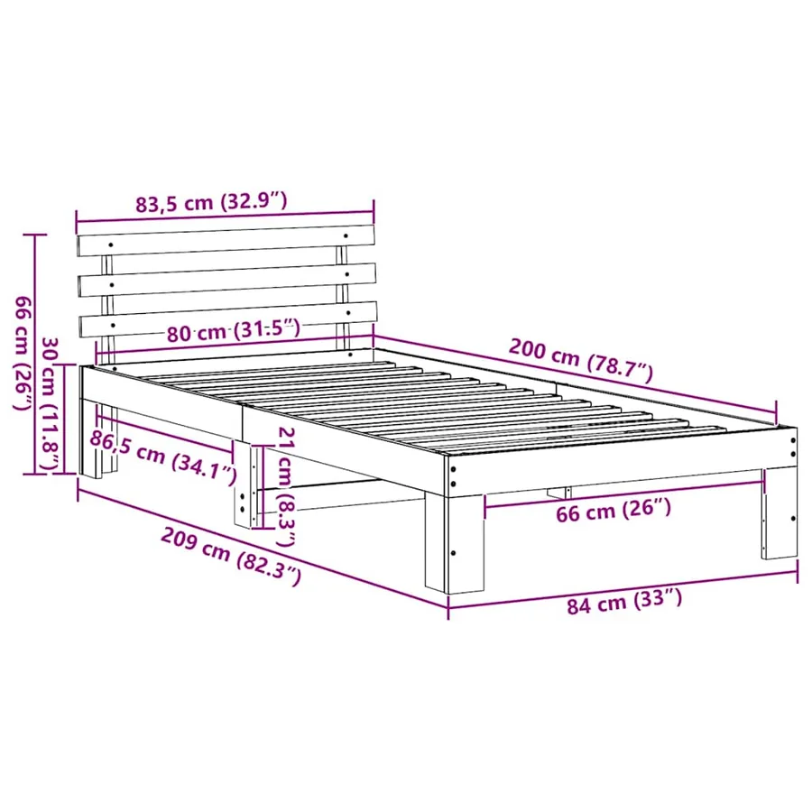 Cadre de lit avec tête de lit Brun cire 80 x 200 cm Pin massif - 8