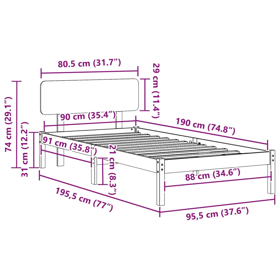 Cadre de lit avec tête de lit Naturel 90 x 190 cm Pin massif - 9