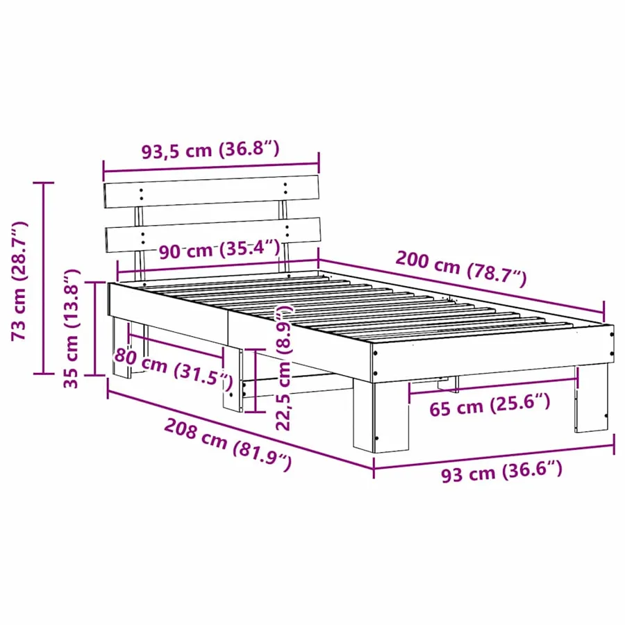 Cadre de lit avec tête de lit Naturel 90 x 200 cm Pin massif - 10