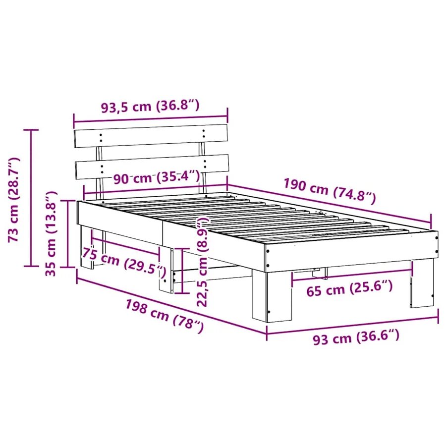 Cadre de lit avec tête de lit Brun cire 90 x 190 cm Pin massif - 10