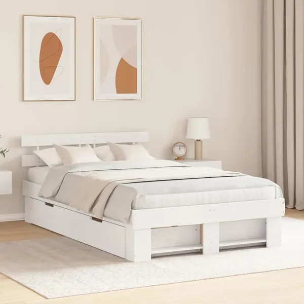 Cadre de lit avec tête de lit Blanc 135 x 190 cm Pin massif