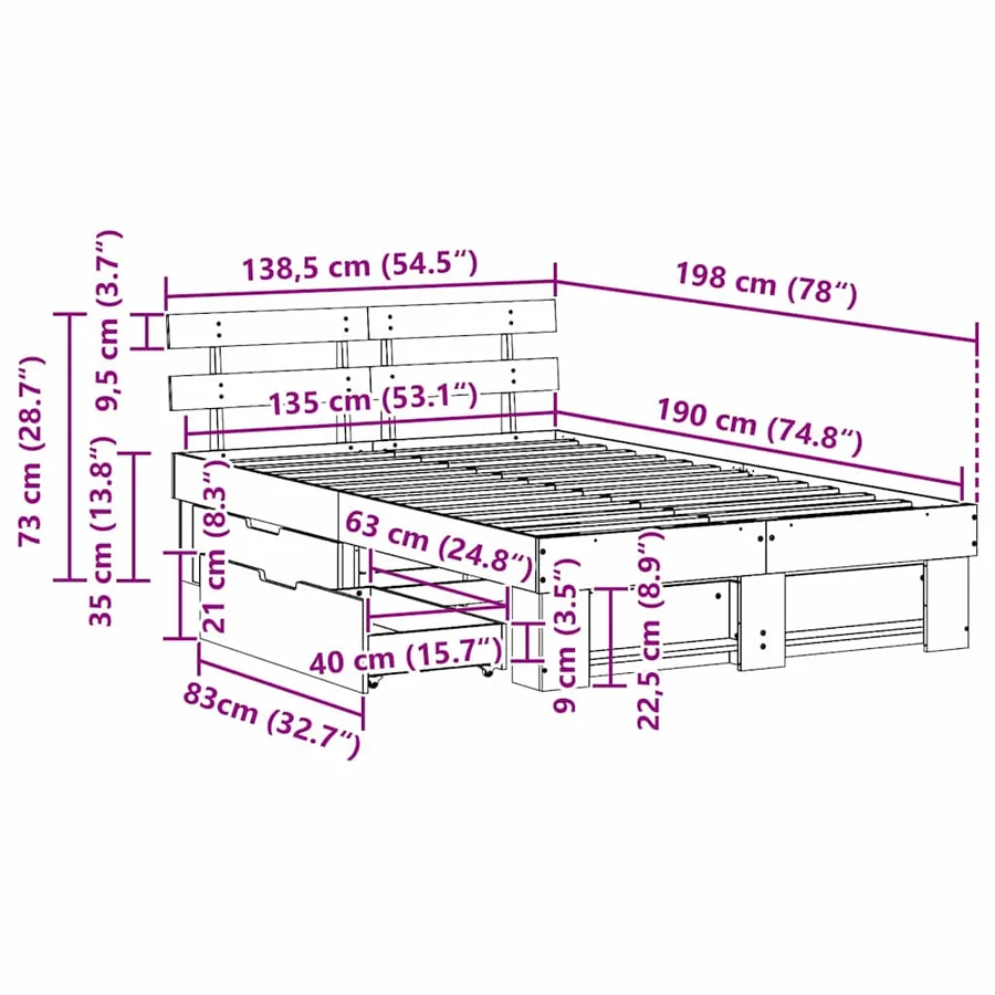 Cadre de lit avec tête de lit Blanc 135 x 190 cm Pin massif - 14