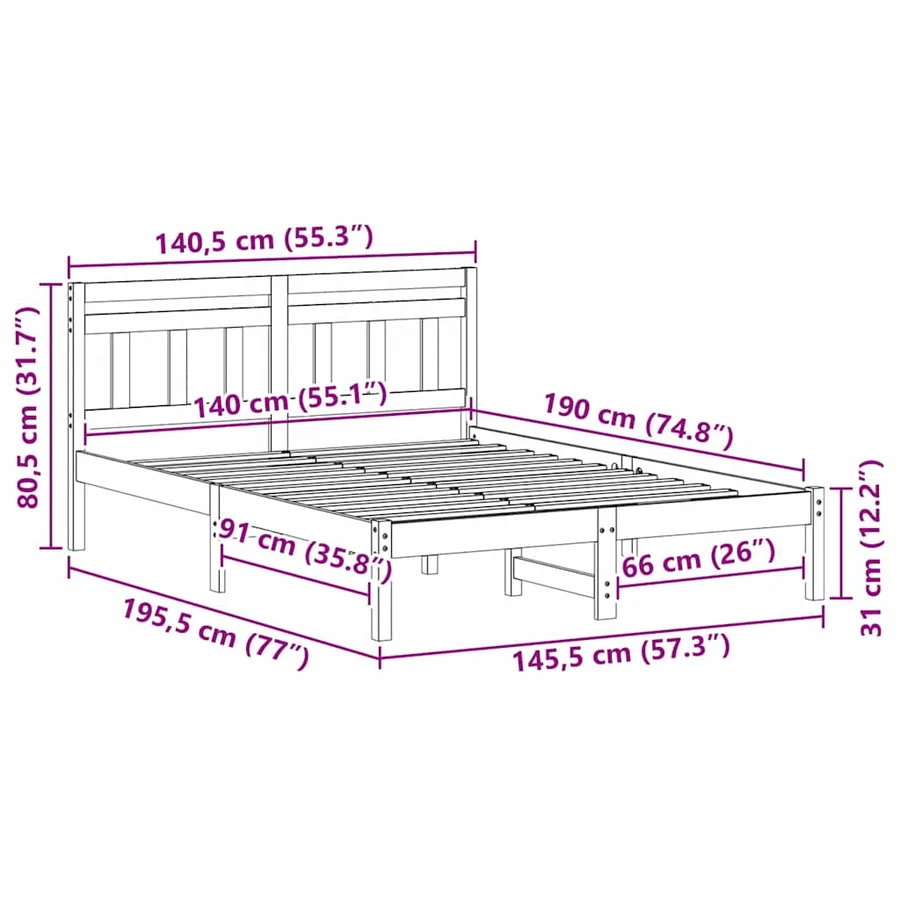 Cadre de lit Blanc 140 x 190 cm Pin massif - 10