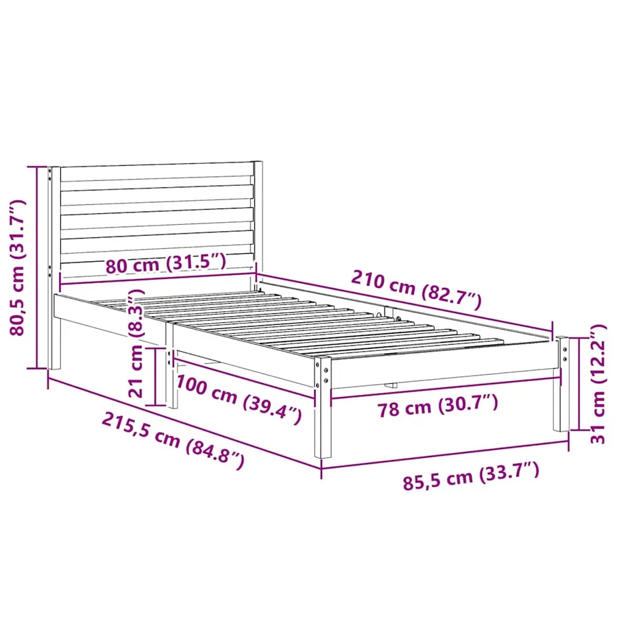 Cadre de lit avec tête de lit Blanc 80 x 210 cm Pin massif - 8
