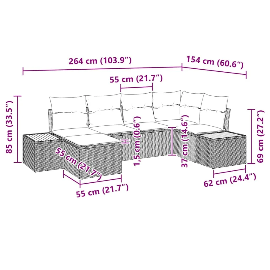 Ensemble de canapé de jardin avec coussin 7 pcs Gris Polyrotin - 14