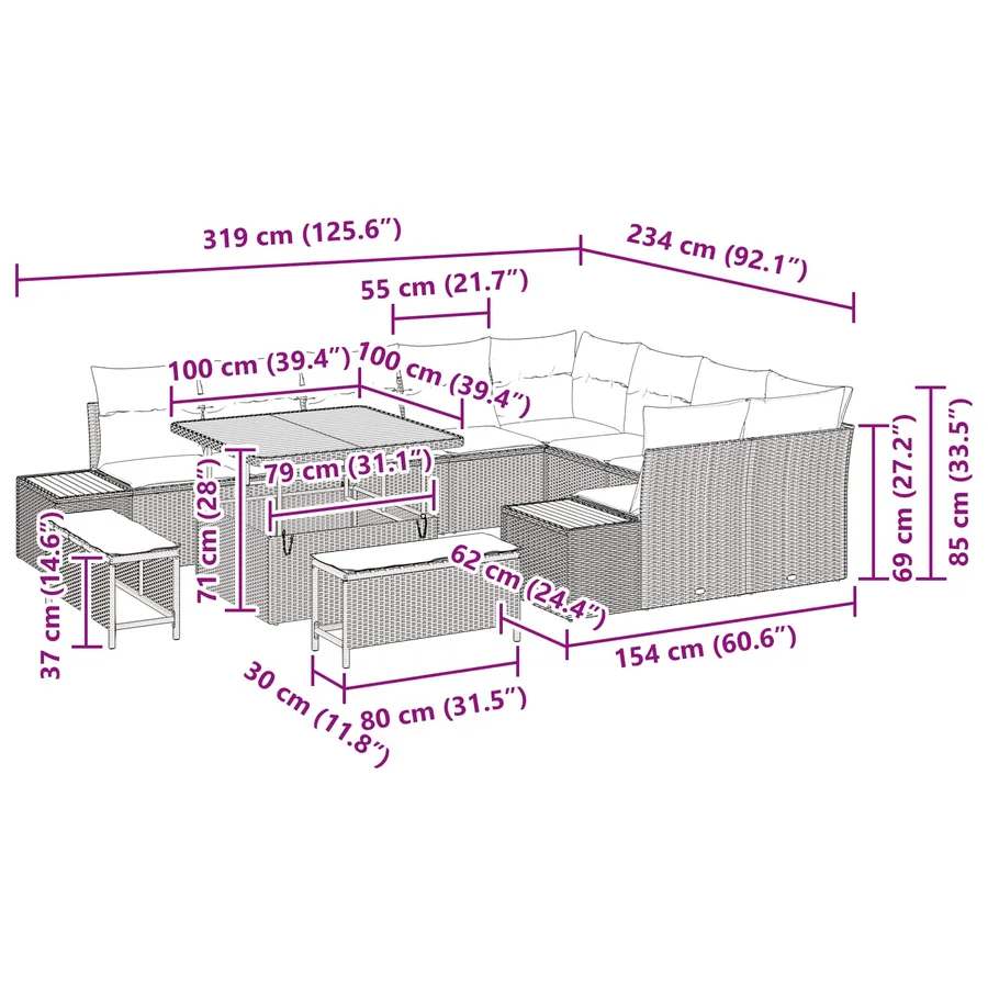 Ensemble de canapé de jardin avec coussin 12 pcs Noir - 14
