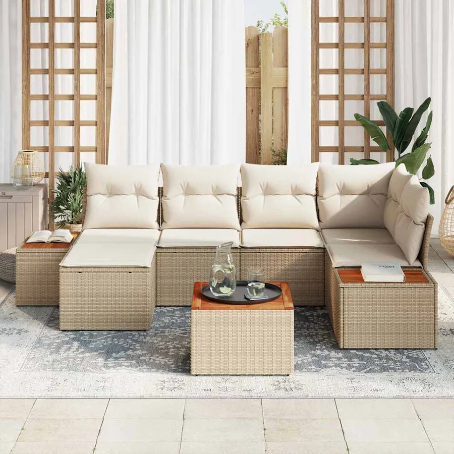 Ensemble de canapé de jardin 7 pcs Beige et crème Polyrotin - 3