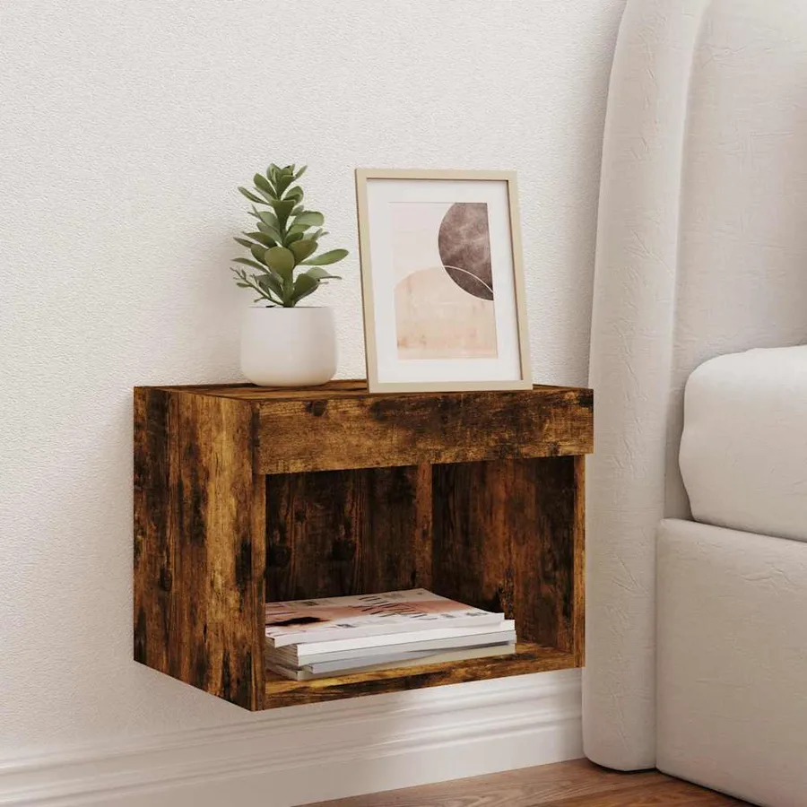 Table de chevet murale avec lumières LED chêne fumé - 3