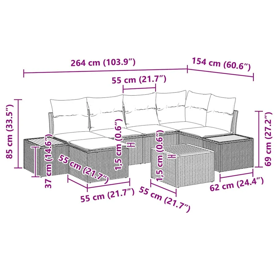 Ensemble de canapé de jardin avec coussin 7 pcs Gris Polyrotin - 15
