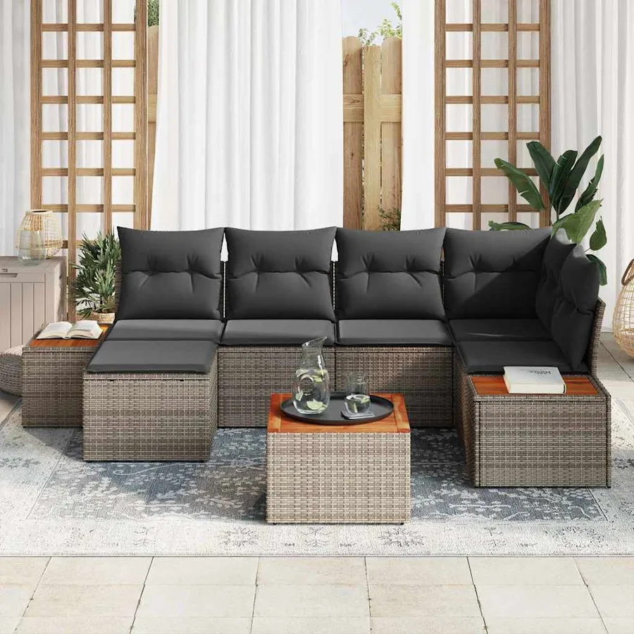 Ensemble de canapé de jardin avec coussin 7 pcs Gris Polyrotin - 3