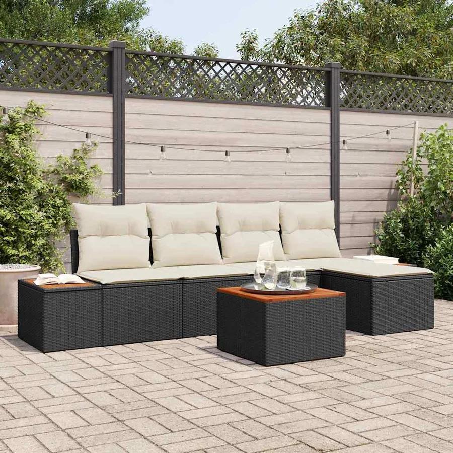 Ensemble de canapé de jardin 6 pcs Noir et Crème Polyrotin